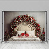 Aperturee Aperturee Rustic Christmas Headboard Photography Backdrop Frosted Garland with Red Ornaments Farmhouse Bedroom Photo Prop
